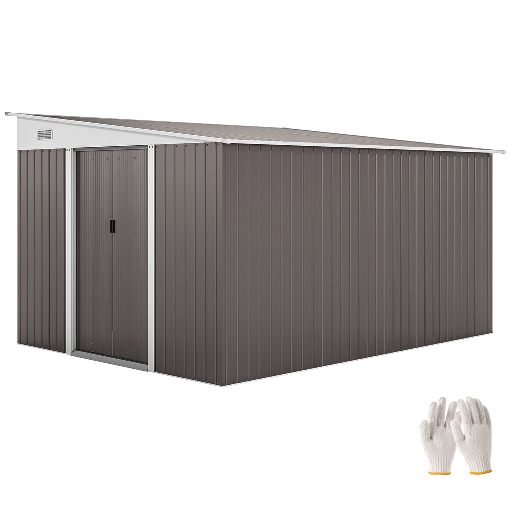 Outsunny 11.3 x 9.2ft Lean to Metal Garden Shed, Outdoor Galvanised Tool Storage House with Double Sliding Doors and 2 Air Vents, Grey - SGP Garden Ltd