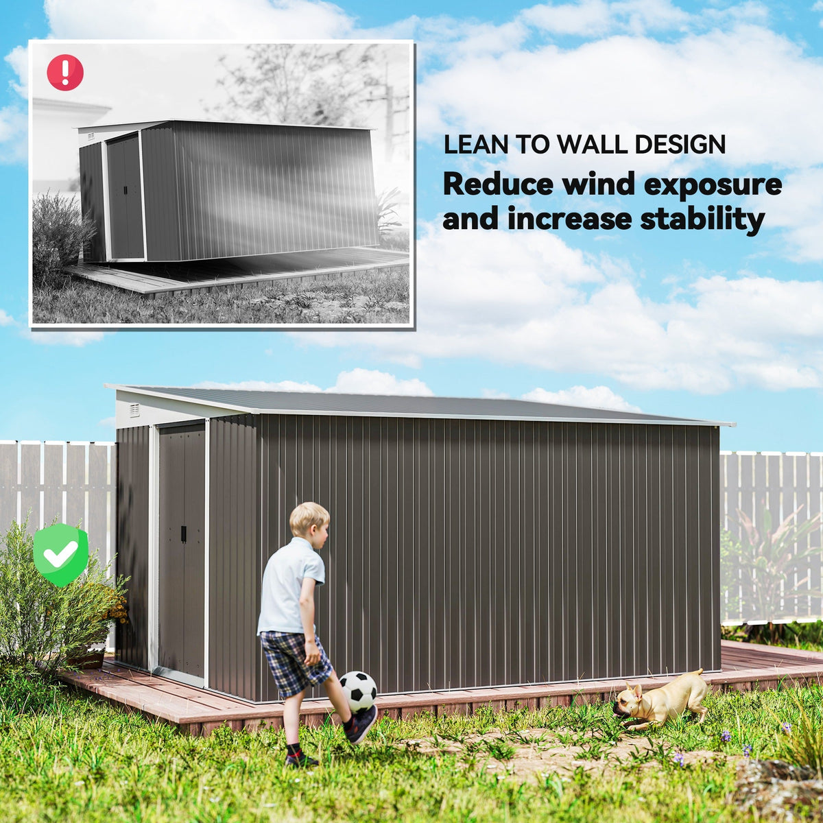 Outsunny 11.3 x 9.2ft Lean to Metal Garden Shed, Outdoor Galvanised Tool Storage House with Double Sliding Doors and 2 Air Vents, Grey - SGP Garden Ltd