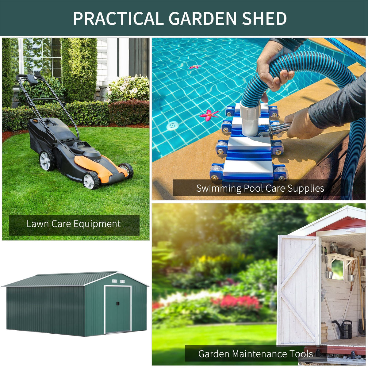 Outsunny 12.5 x 11.1ft Steel Sliding Door Storage Shed - Green - SGP Garden Ltd