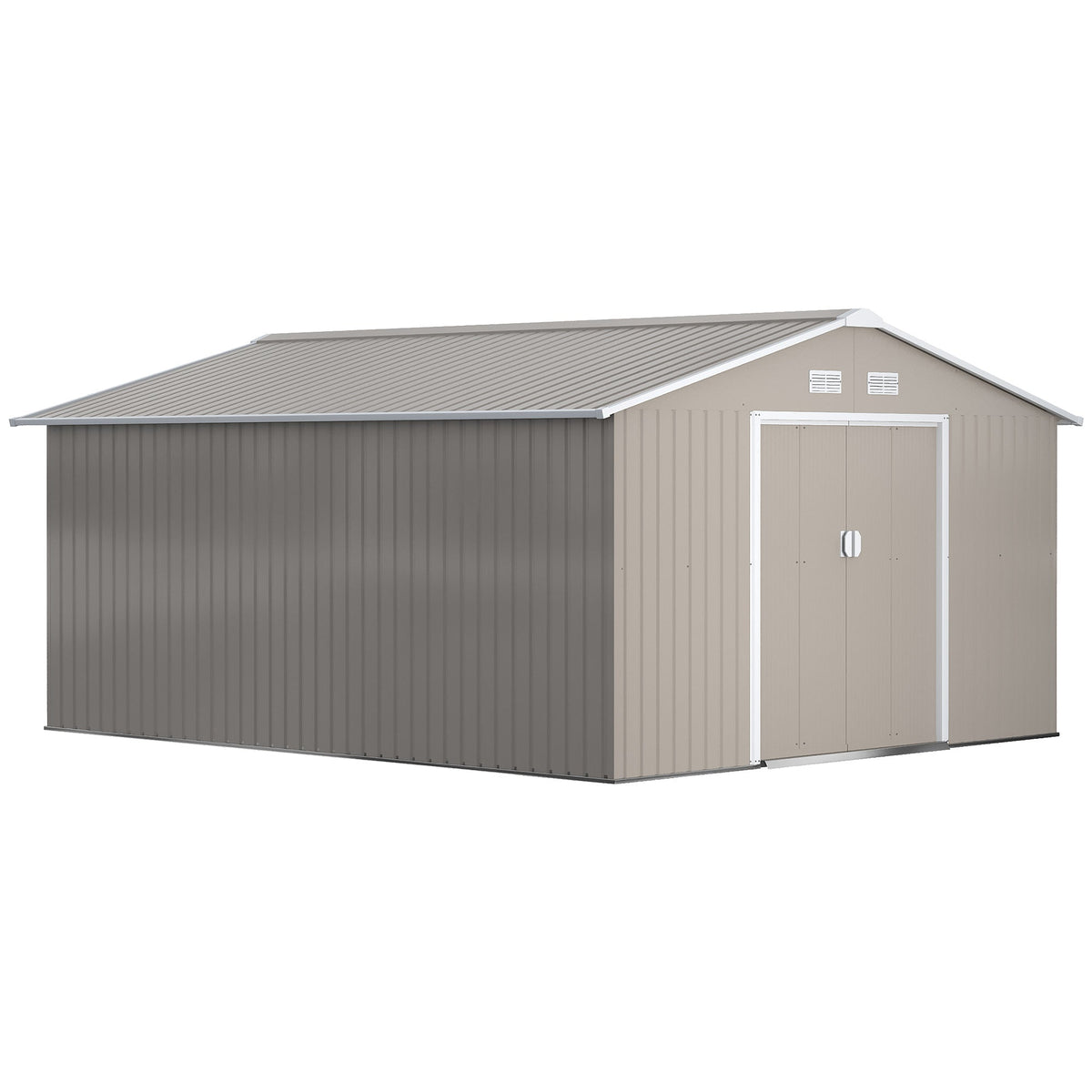 Outsunny 13 x 11ft Garden Metal Storage Shed Outdoor Storage Shed with Foundation Kit Ventilation & Doors, Light Grey - SGP Garden Ltd