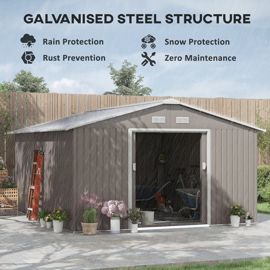 Outsunny 13 x 11ft Garden Metal Storage Shed Outdoor Storage Shed with Foundation Kit Ventilation & Doors, Light Grey - SGP Garden Ltd
