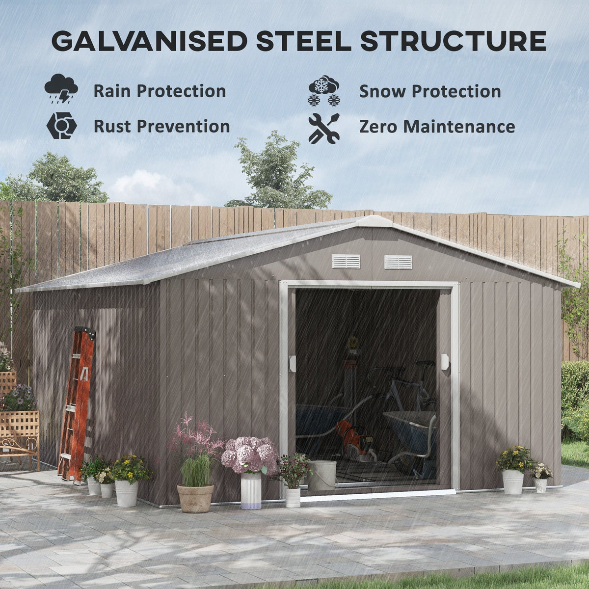 Outsunny 13 x 11ft Garden Metal Storage Shed Outdoor Storage Shed with Foundation Kit Ventilation & Doors, Light Grey - SGP Garden Ltd