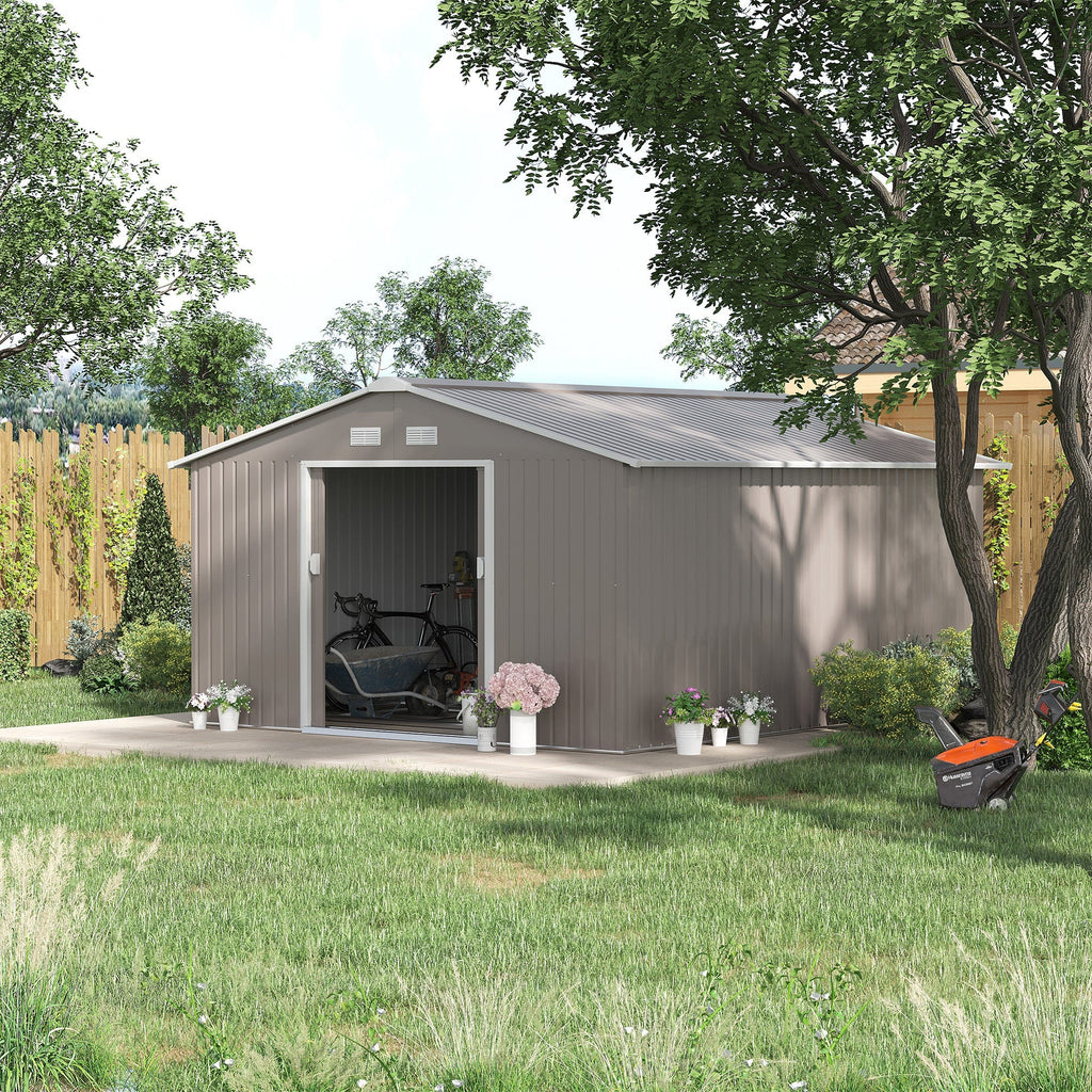 Outsunny 13 x 11ft Garden Metal Storage Shed Outdoor Storage Shed with Foundation Kit Ventilation & Doors, Light Grey - SGP Garden Ltd