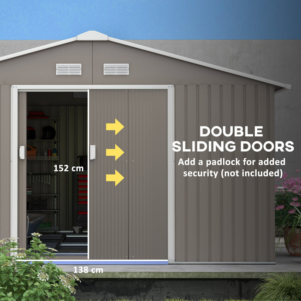 Outsunny 13 x 11ft Garden Metal Storage Shed Outdoor Storage Shed with Foundation Kit Ventilation & Doors, Light Grey - SGP Garden Ltd