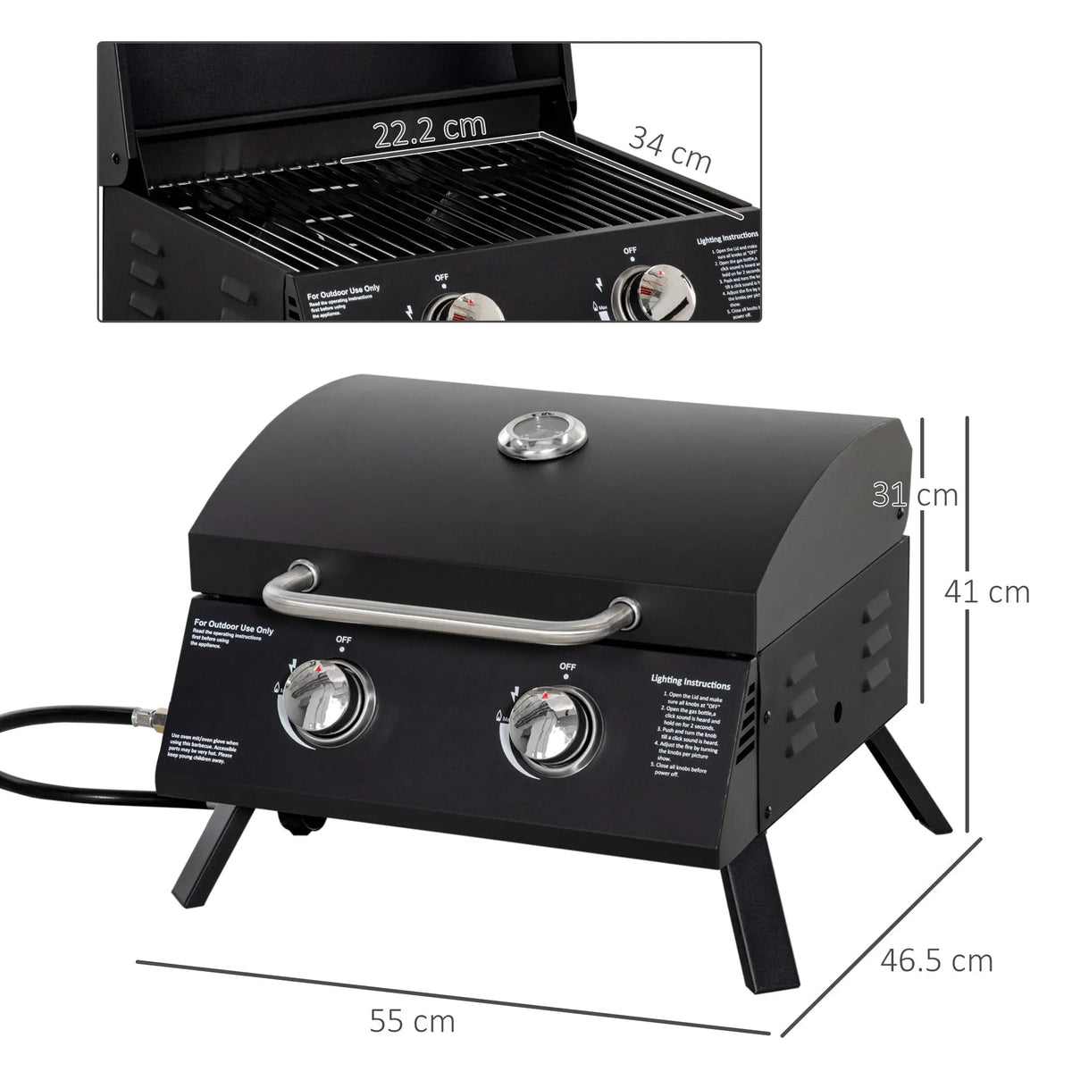 Outsunny 2 Burner Gas BBQ Grill Outdoor Portable Folding Tabletop Barbecue w/ Lid, Thermometer, Carbon Steel, Black - SGP Garden Ltd