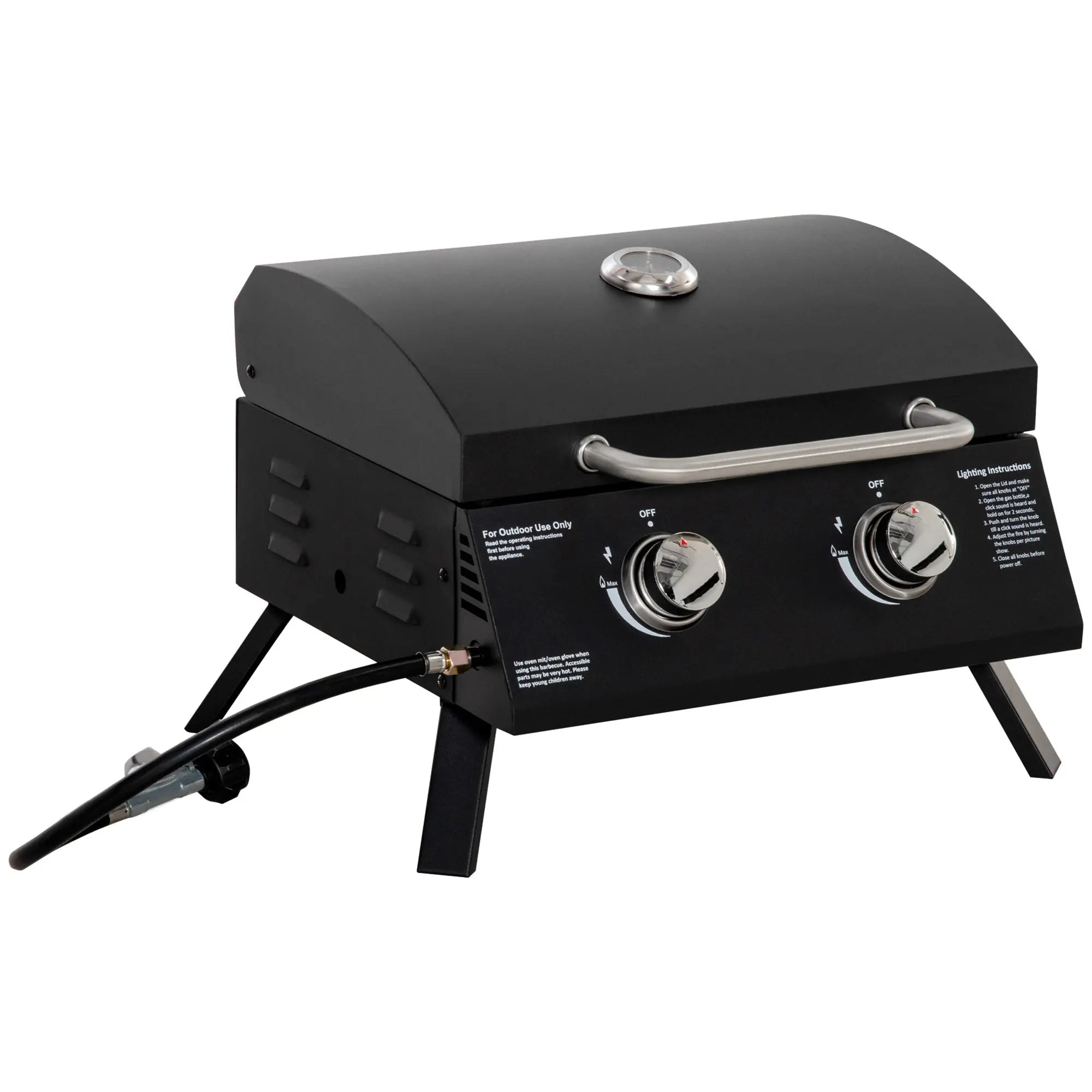 Outsunny 2 Burner Gas BBQ Grill Outdoor Portable Folding Tabletop Barbecue w/ Lid, Thermometer, Carbon Steel, Black - SGP Garden Ltd