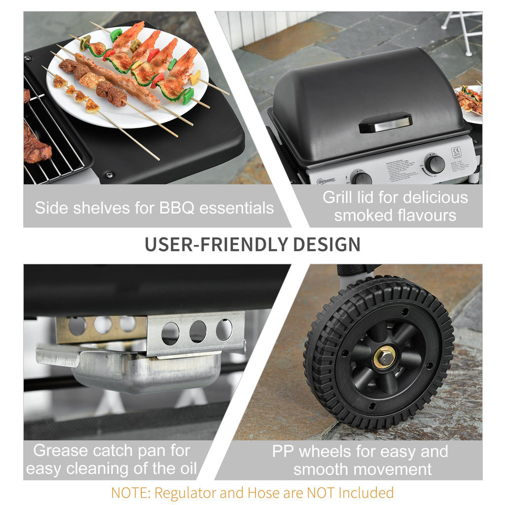 Outsunny 2 Burner Gas BBQ Trolley with Lid, 5.6 kW Gas Barbecue Grill with Wheels, Side Shelves, Black - SGP Garden Ltd