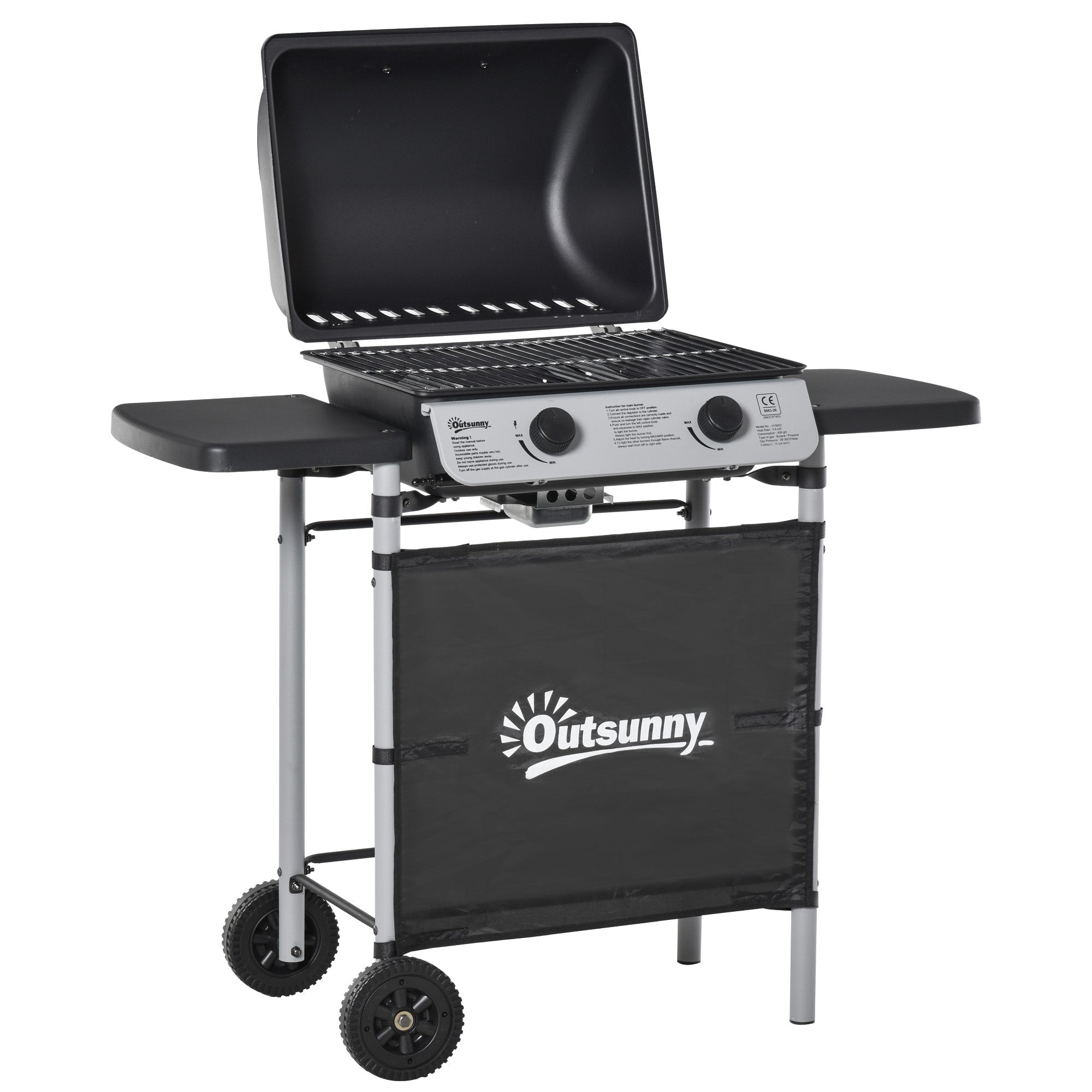 Outsunny 2 Burner Gas BBQ Trolley with Lid, 5.6 kW Gas Barbecue Grill with Wheels, Side Shelves, Black - SGP Garden Ltd