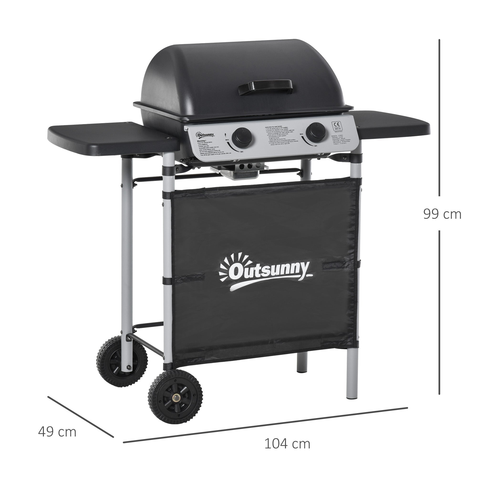 Outsunny 2 Burner Gas BBQ Trolley with Lid, 5.6 kW Gas Barbecue Grill with Wheels, Side Shelves, Black - SGP Garden Ltd
