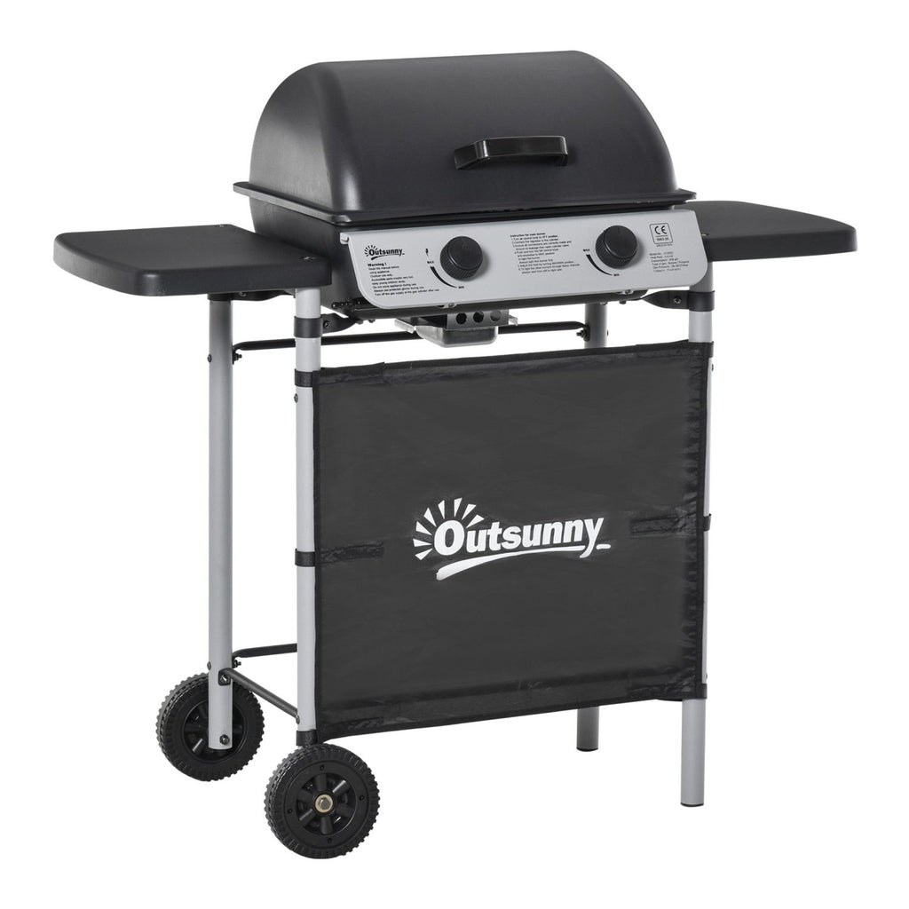 Outsunny 2 Burner Gas BBQ Trolley with Lid, 5.6 kW Gas Barbecue Grill with Wheels, Side Shelves, Grey - SGP Garden Ltd