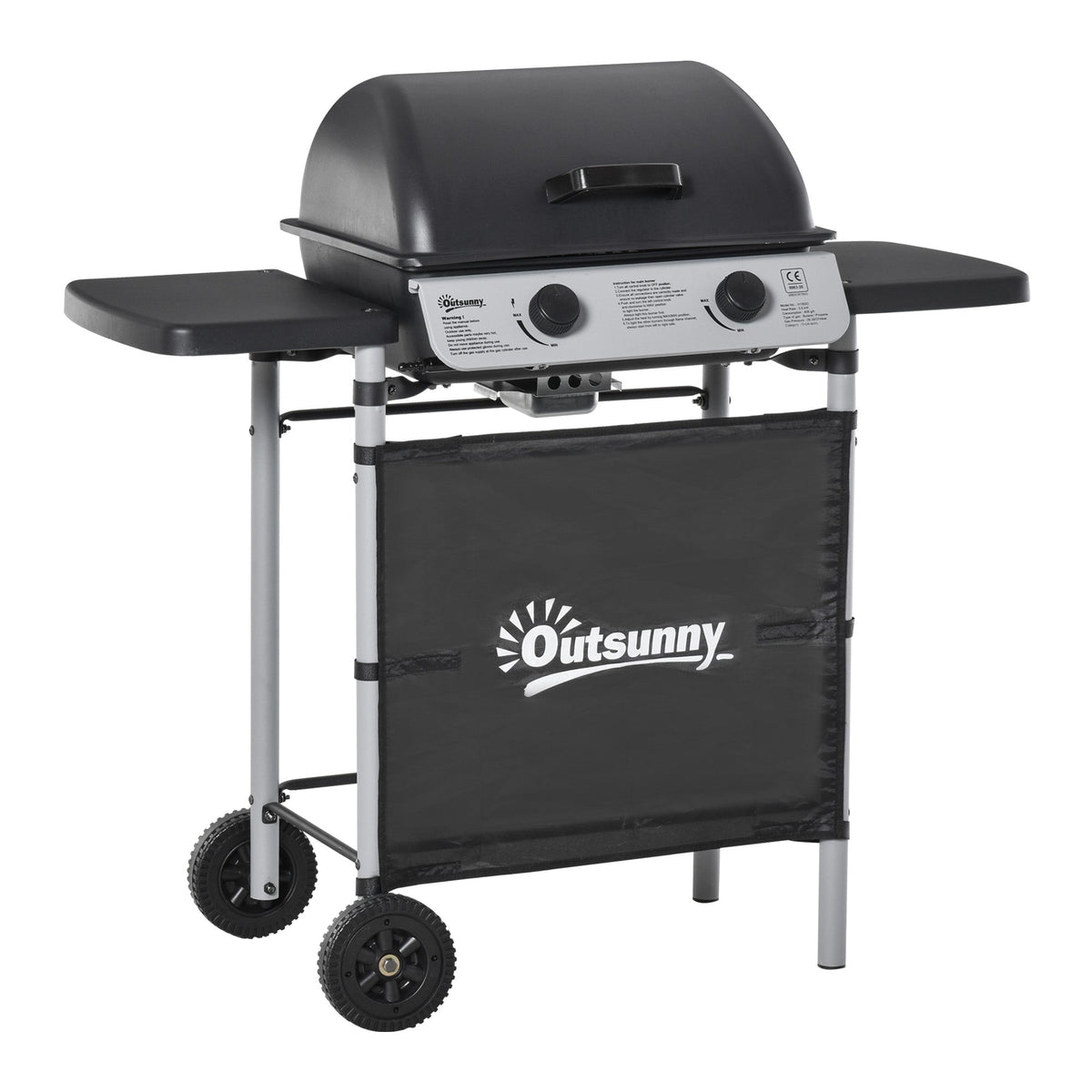 Outsunny 2 Burner Gas BBQ Trolley with Lid, 5.6 kW Gas Barbecue Grill with Wheels, Side Shelves, Grey - SGP Garden Ltd