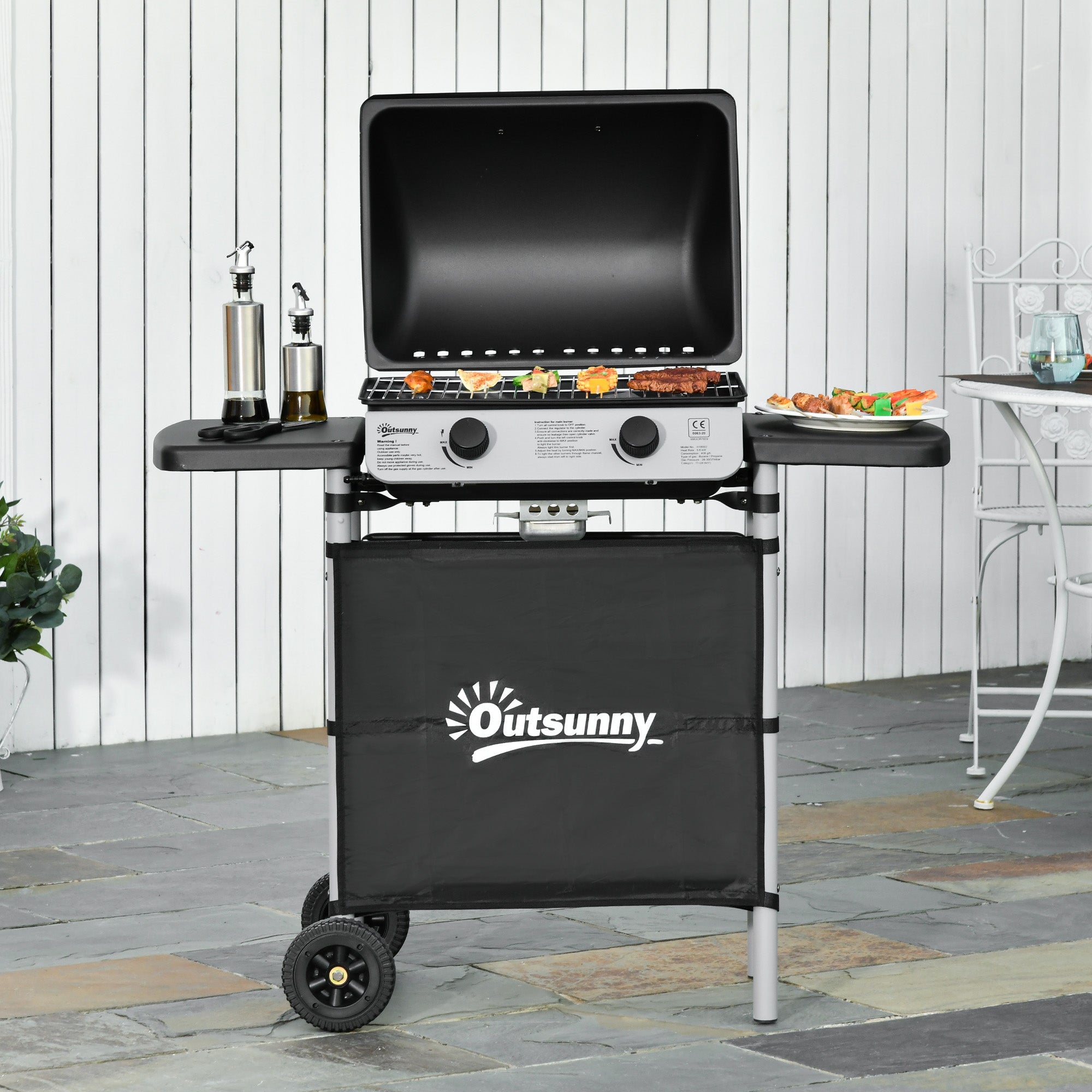 Outsunny 2 Burner Gas BBQ Trolley with Lid, 5.6 kW Gas Barbecue Grill with Wheels, Side Shelves, Grey - SGP Garden Ltd