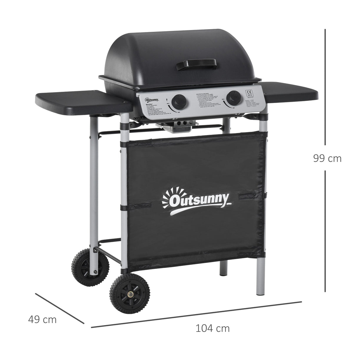 Outsunny 2 Burner Gas BBQ Trolley with Lid, 5.6 kW Gas Barbecue Grill with Wheels, Side Shelves, Grey - SGP Garden Ltd