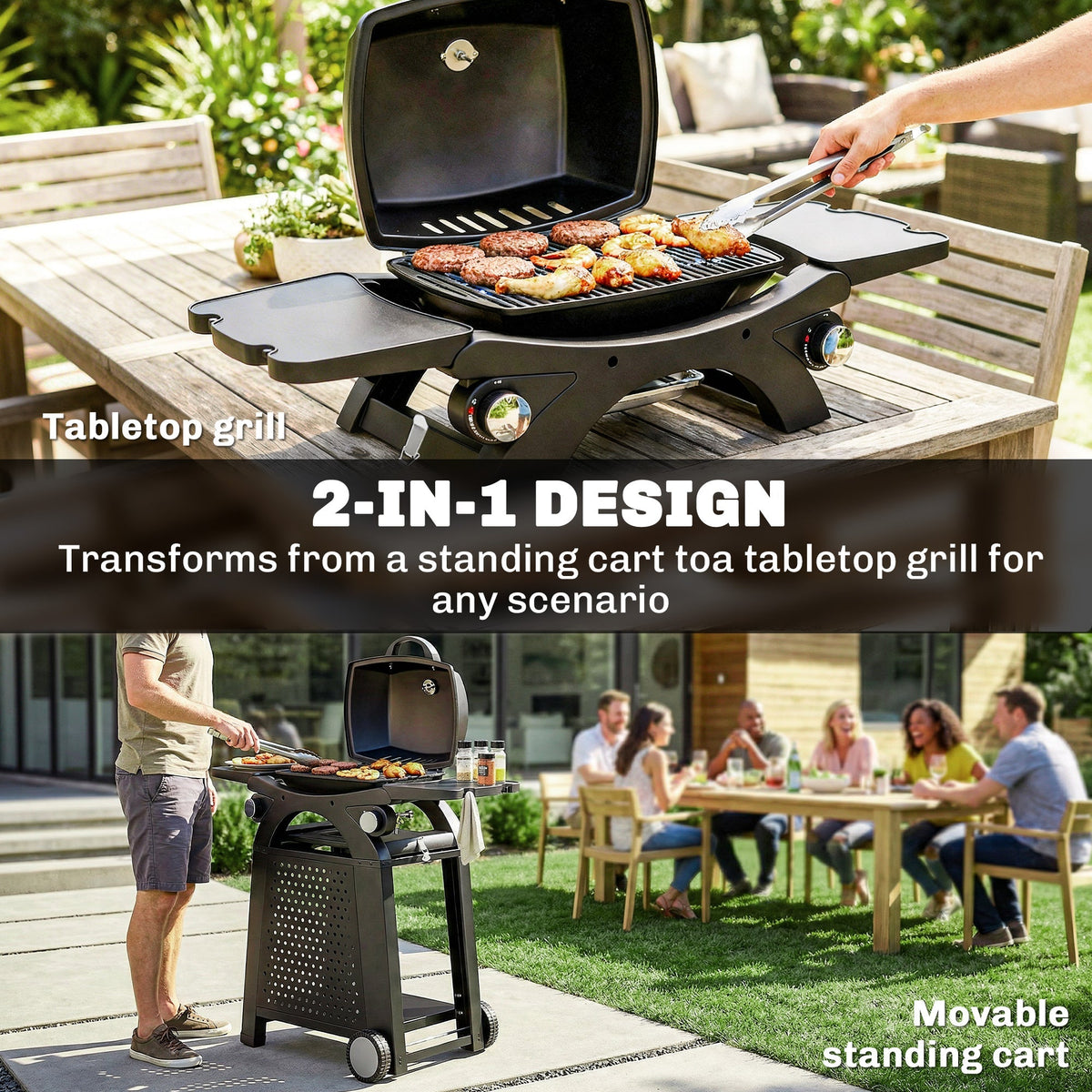 Outsunny 2 Burner Gas Grill with 2 Side Tables, 3.8 KW Barbecue Grill with Cast Iron Grates, 2-in-1 Tabletop BBQ with Wheels - SGP Garden Ltd