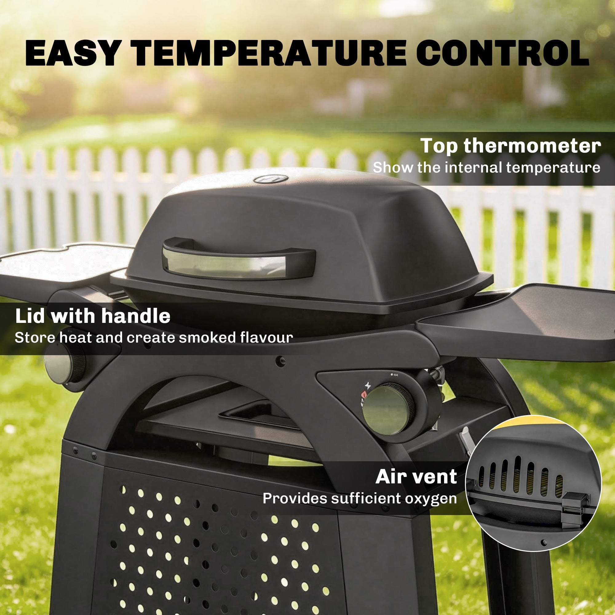 Outsunny 2 Burner Gas Grill with 2 Side Tables, 3.8 KW Barbecue Grill with Cast Iron Grates, 2-in-1 Tabletop BBQ with Wheels - SGP Garden Ltd