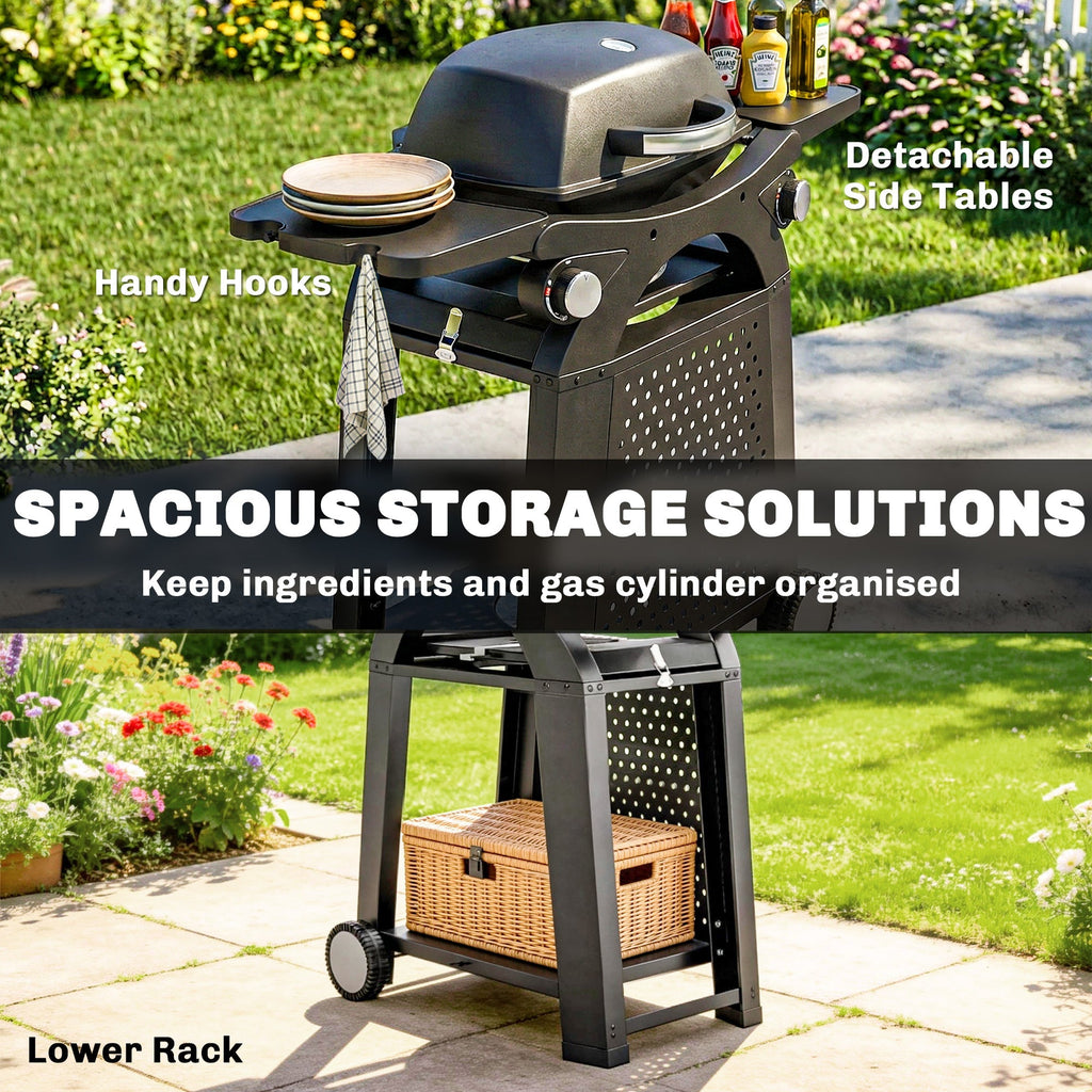 Outsunny 2 Burner Gas Grill with 2 Side Tables, 3.8 KW Barbecue Grill with Cast Iron Grates, 2-in-1 Tabletop BBQ with Wheels - SGP Garden Ltd