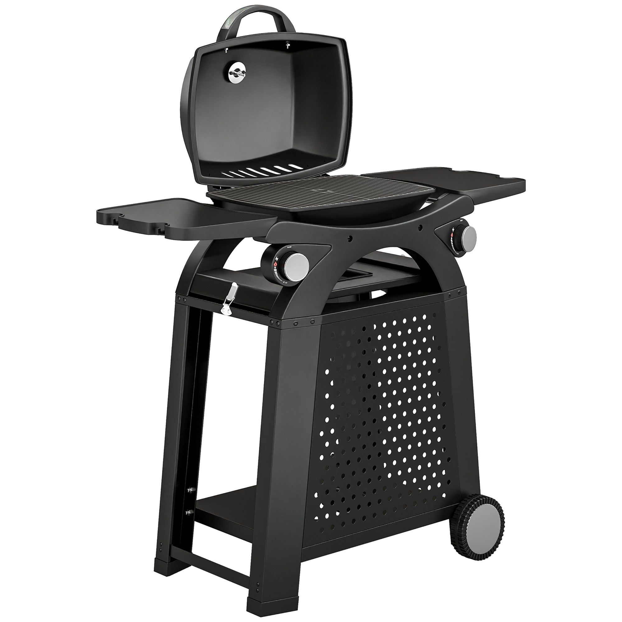 Outsunny 2 Burner Gas Grill with 2 Side Tables, 3.8 KW Barbecue Grill with Cast Iron Grates, 2-in-1 Tabletop BBQ with Wheels - SGP Garden Ltd