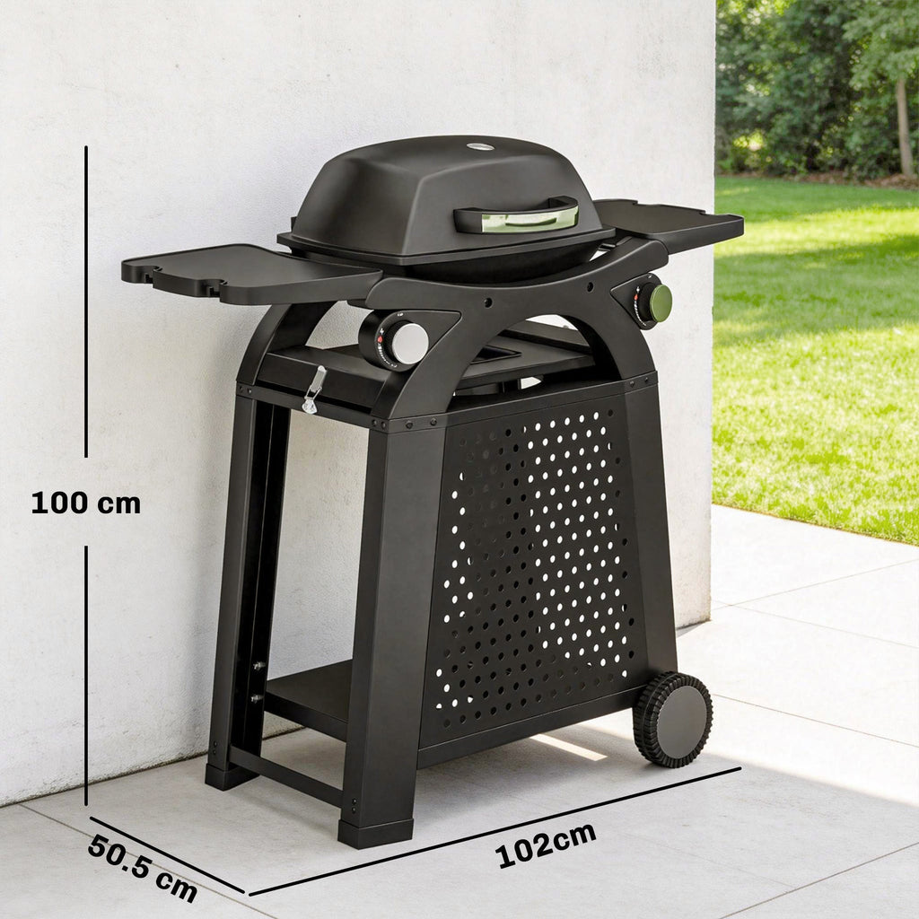 Outsunny 2 Burner Gas Grill with 2 Side Tables, 3.8 KW Barbecue Grill with Cast Iron Grates, 2-in-1 Tabletop BBQ with Wheels - SGP Garden Ltd