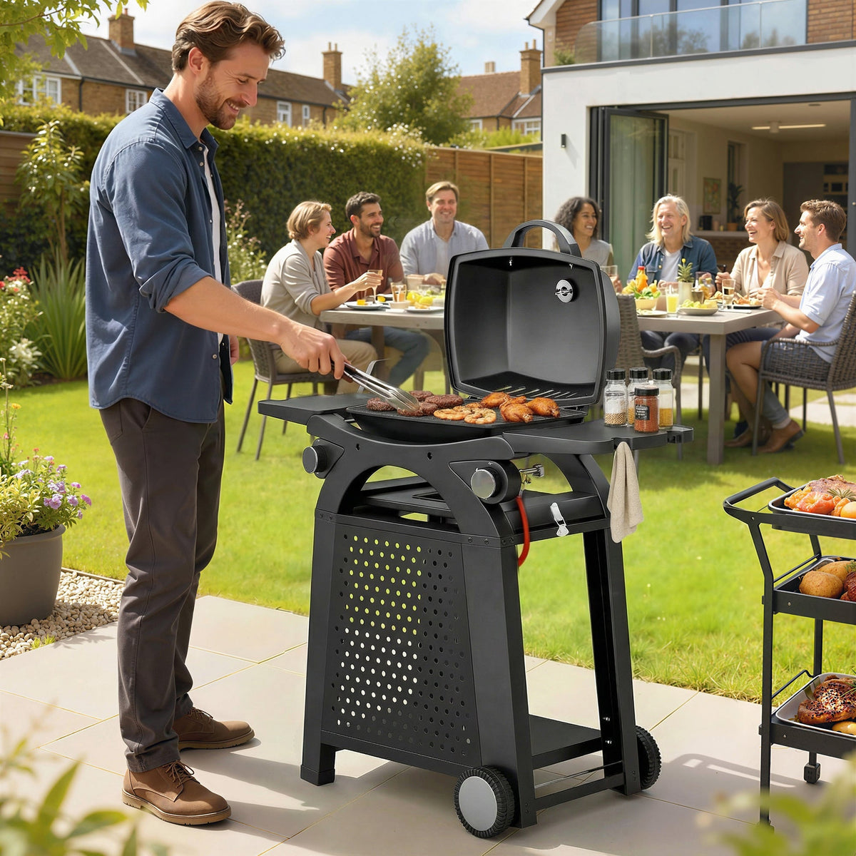 Outsunny 2 Burner Gas Grill with 2 Side Tables, 3.8 KW Barbecue Grill with Cast Iron Grates, 2-in-1 Tabletop BBQ with Wheels - SGP Garden Ltd