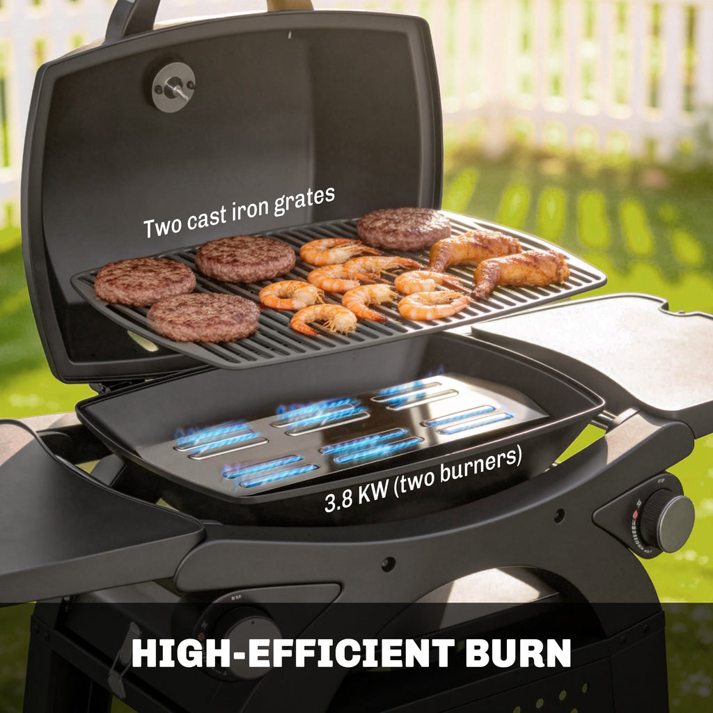 Outsunny 2 Burner Gas Grill with 2 Side Tables, 3.8 KW Barbecue Grill with Cast Iron Grates, 2-in-1 Tabletop BBQ with Wheels - SGP Garden Ltd