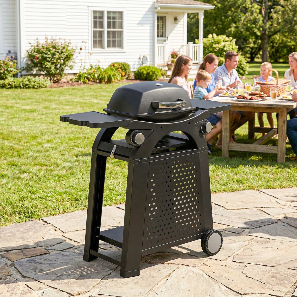 Outsunny 2 Burner Gas Grill with 2 Side Tables, 3.8 KW Barbecue Grill with Cast Iron Grates, 2-in-1 Tabletop BBQ with Wheels - SGP Garden Ltd