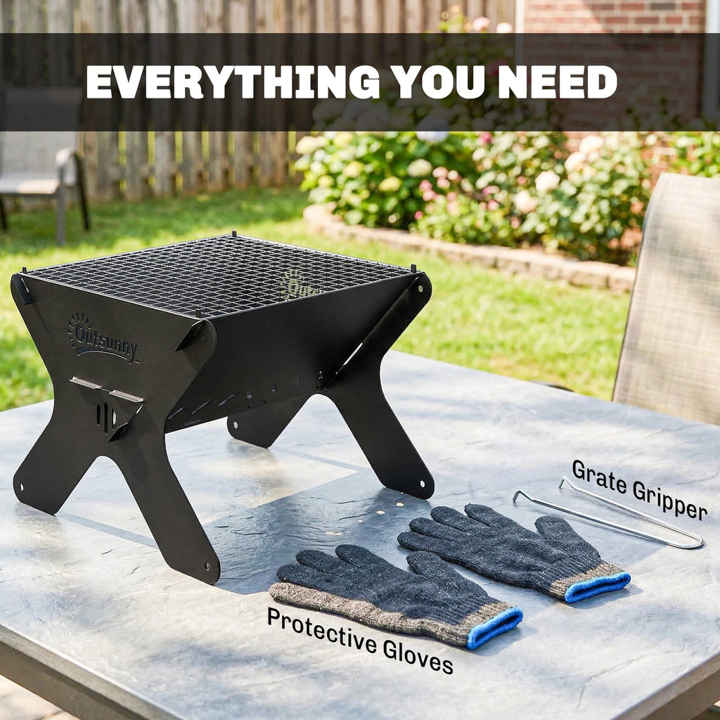 Outsunny 2-In-1 Portable BBQ Grill and Camping Fire Pit, Tabletop Charcoal Barbecue Grill with Gripper, Gloves and Carry Bag - SGP Garden Ltd