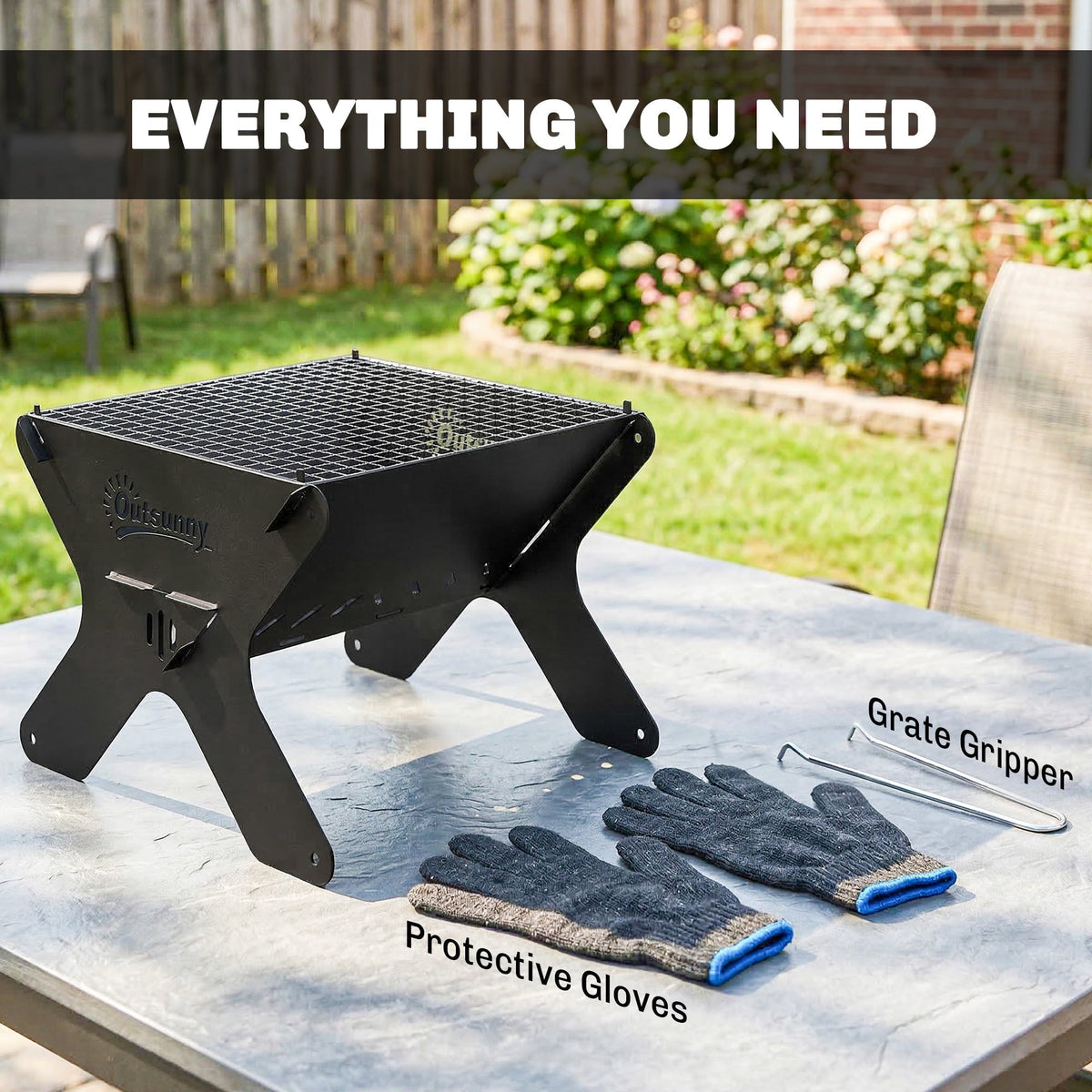 Outsunny 2-In-1 Portable BBQ Grill and Camping Fire Pit, Tabletop Charcoal Barbecue Grill with Gripper, Gloves and Carry Bag - SGP Garden Ltd