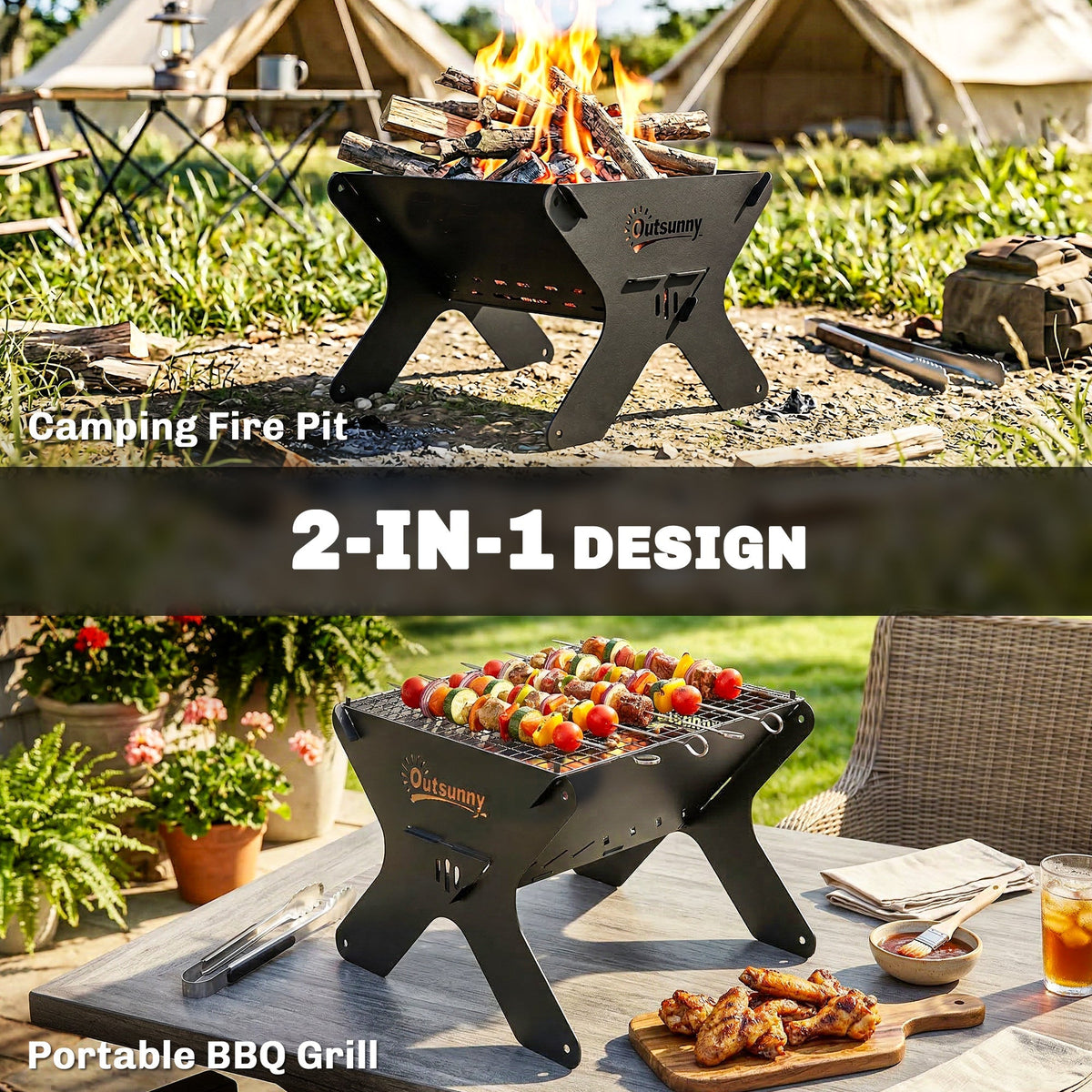 Outsunny 2-In-1 Portable BBQ Grill and Camping Fire Pit, Tabletop Charcoal Barbecue Grill with Gripper, Gloves and Carry Bag - SGP Garden Ltd