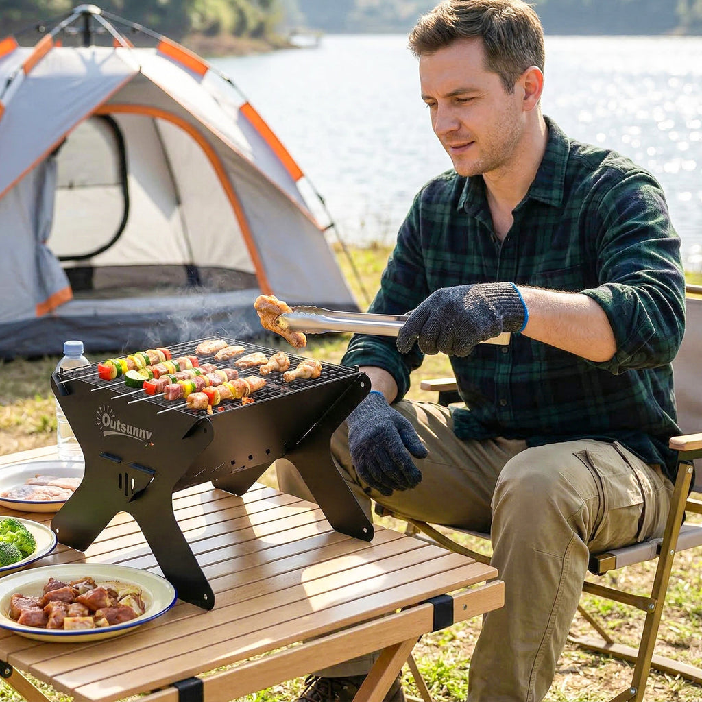Outsunny 2-In-1 Portable BBQ Grill and Camping Fire Pit, Tabletop Charcoal Barbecue Grill with Gripper, Gloves and Carry Bag - SGP Garden Ltd