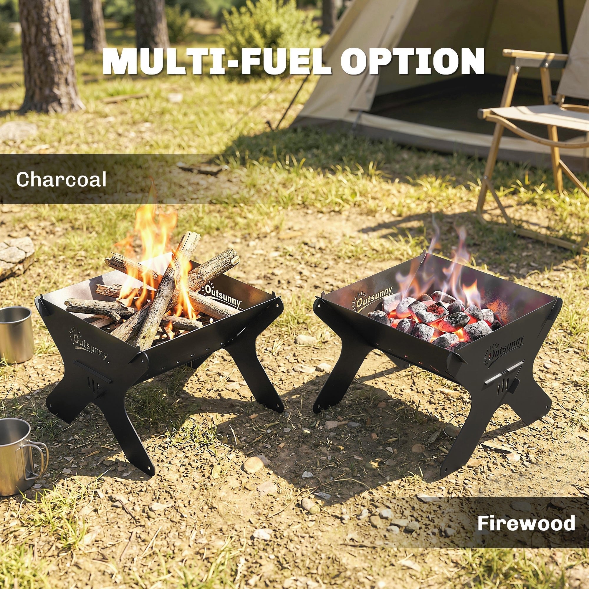 Outsunny 2-In-1 Portable BBQ Grill and Camping Fire Pit, Tabletop Charcoal Barbecue Grill with Gripper, Gloves and Carry Bag - SGP Garden Ltd