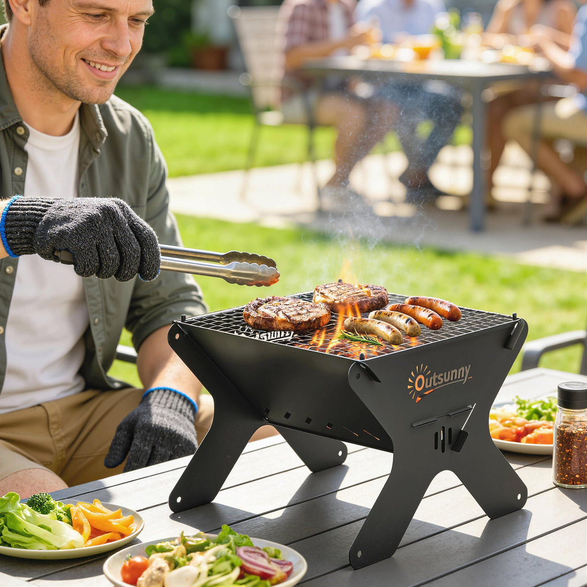 Outsunny 2-In-1 Portable BBQ Grill and Camping Fire Pit, Tabletop Charcoal Barbecue Grill with Gripper, Gloves and Carry Bag - SGP Garden Ltd