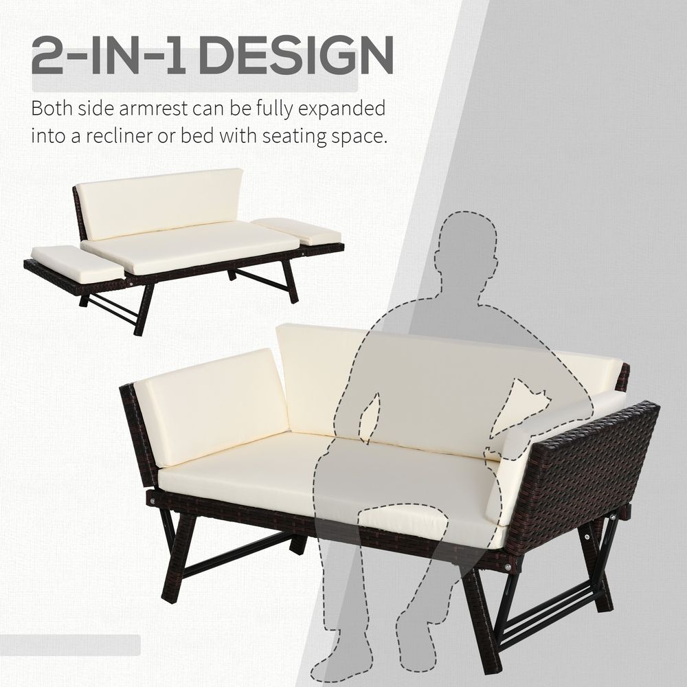 Outsunny 2-Seater Rattan Sofa Daybed - Convertible, Brown - High-Quality Outdoor Furniture - SGP Garden Ltd