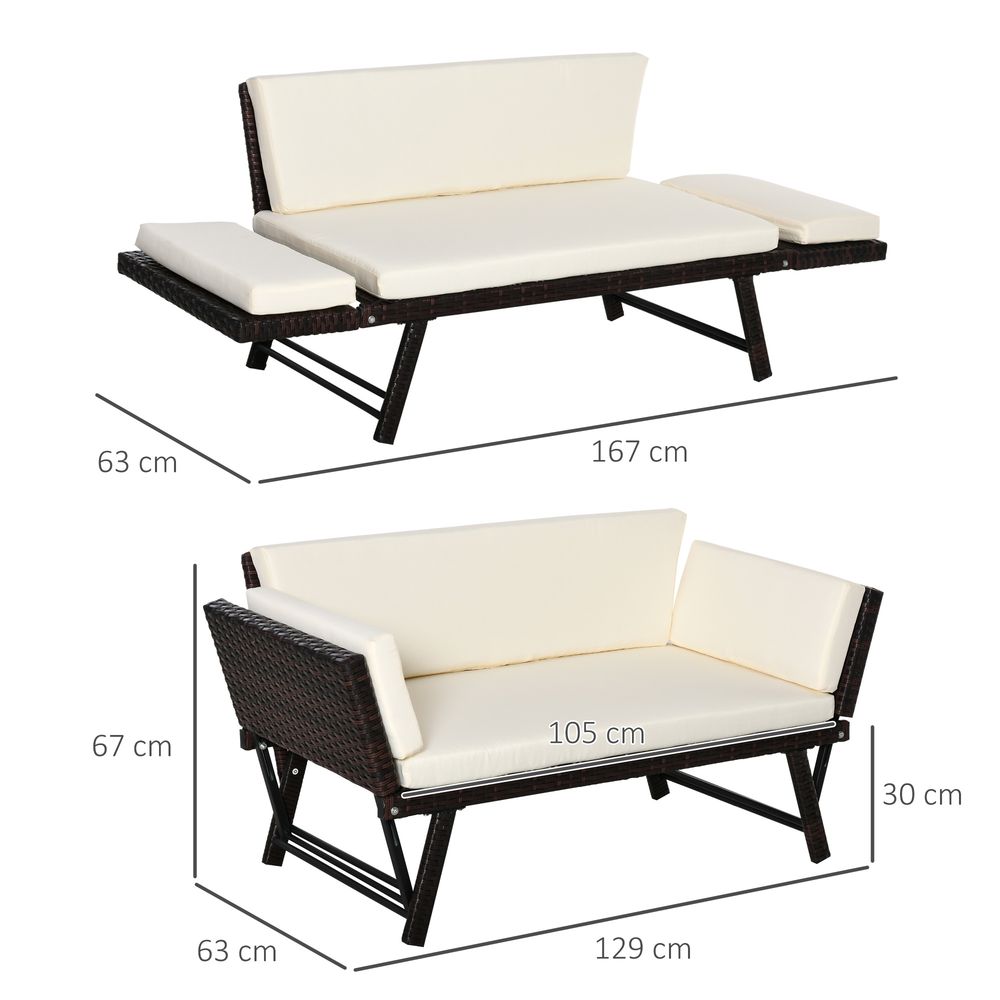 Outsunny 2-Seater Rattan Sofa Daybed - Convertible, Brown - High-Quality Outdoor Furniture - SGP Garden Ltd