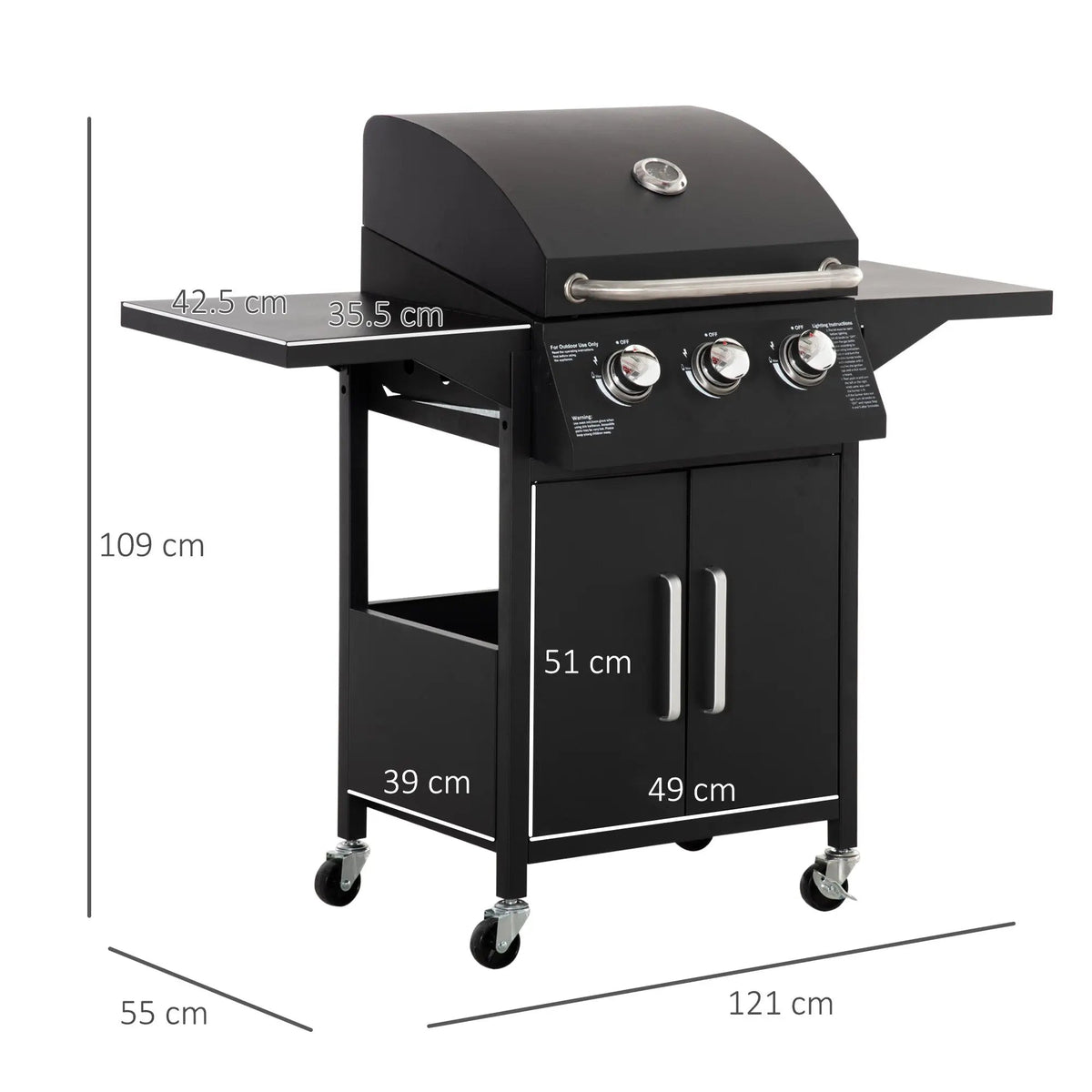Outsunny 3 Burner Gas BBQ Grill Outdoor Portable Barbecue Trolley w/ Warming Rack, Side Shelves, Storage Cabinet, Thermometer, Carbon Steel, Black - SGP Garden Ltd