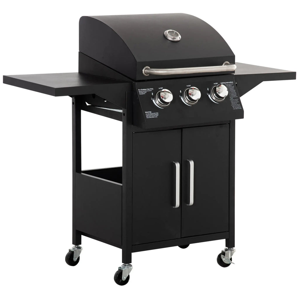 Outsunny 3 Burner Gas BBQ Grill Outdoor Portable Barbecue Trolley w/ Warming Rack, Side Shelves, Storage Cabinet, Thermometer, Carbon Steel, Black - SGP Garden Ltd