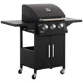 Outsunny 3 Burner Gas BBQ Grill Outdoor Portable Barbecue Trolley w/ Warming Rack, Side Shelves, Storage Cabinet, Thermometer, Carbon Steel, Black - SGP Garden Ltd