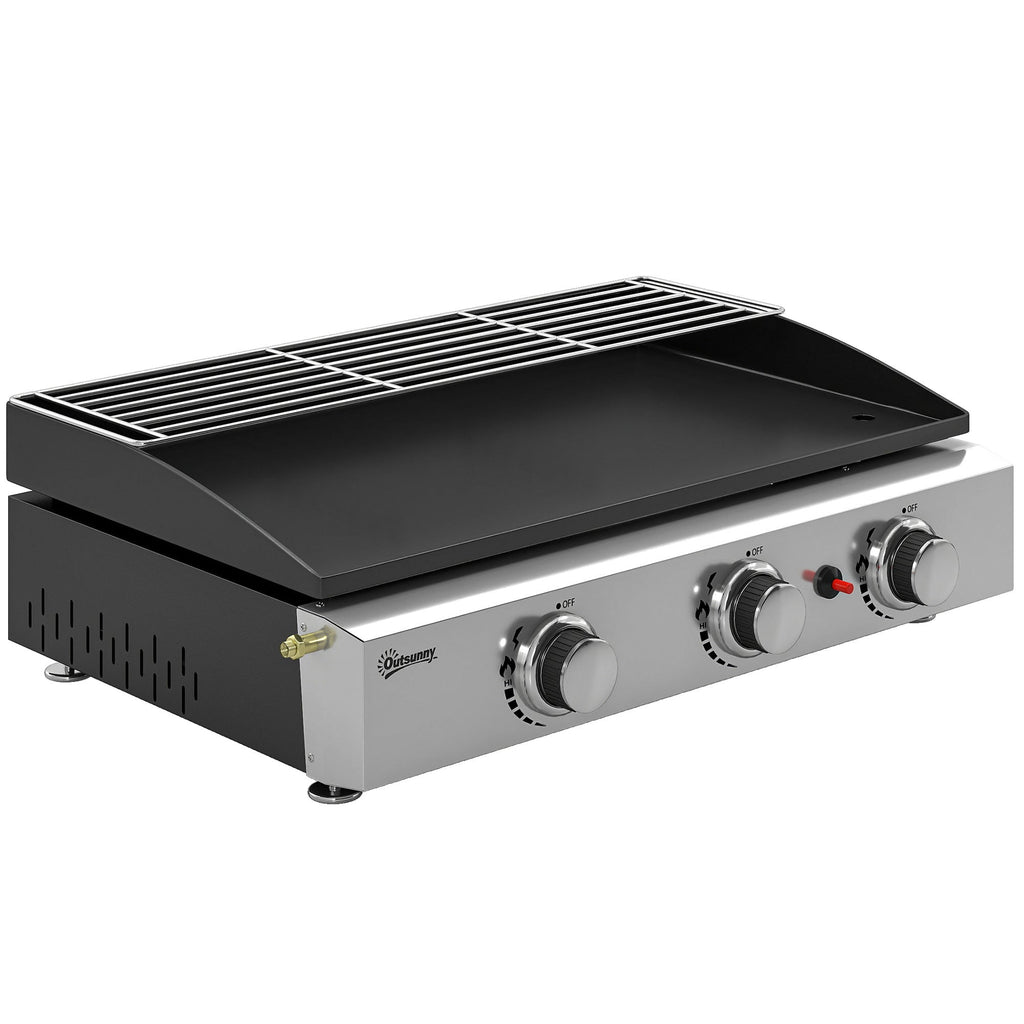 Outsunny 3 Burner Grill Griddle, Portable Gas Plancha with Warming Rack, 7.5 kW, Tabletop Gas BBQ with Grease Cup, Black - SGP Garden Ltd