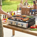 Outsunny 3 Burner Grill Griddle, Portable Gas Plancha with Warming Rack, 7.5 kW, Tabletop Gas BBQ with Grease Cup, Black - SGP Garden Ltd