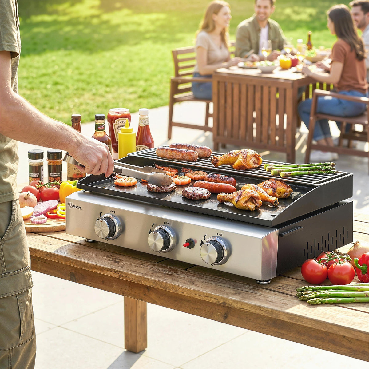 Outsunny 3 Burner Grill Griddle, Portable Gas Plancha with Warming Rack, 7.5 kW, Tabletop Gas BBQ with Grease Cup, Black - SGP Garden Ltd