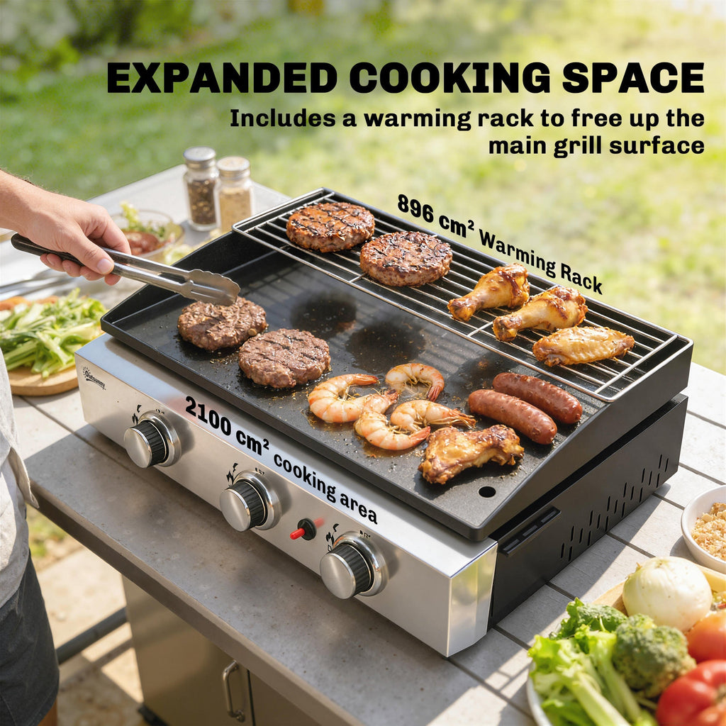 Outsunny 3 Burner Grill Griddle, Portable Gas Plancha with Warming Rack, 7.5 kW, Tabletop Gas BBQ with Grease Cup, Black - SGP Garden Ltd