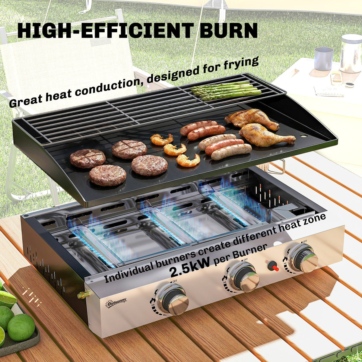 Outsunny 3 Burner Grill Griddle, Portable Gas Plancha with Warming Rack, 7.5 kW, Tabletop Gas BBQ with Grease Cup, Black - SGP Garden Ltd
