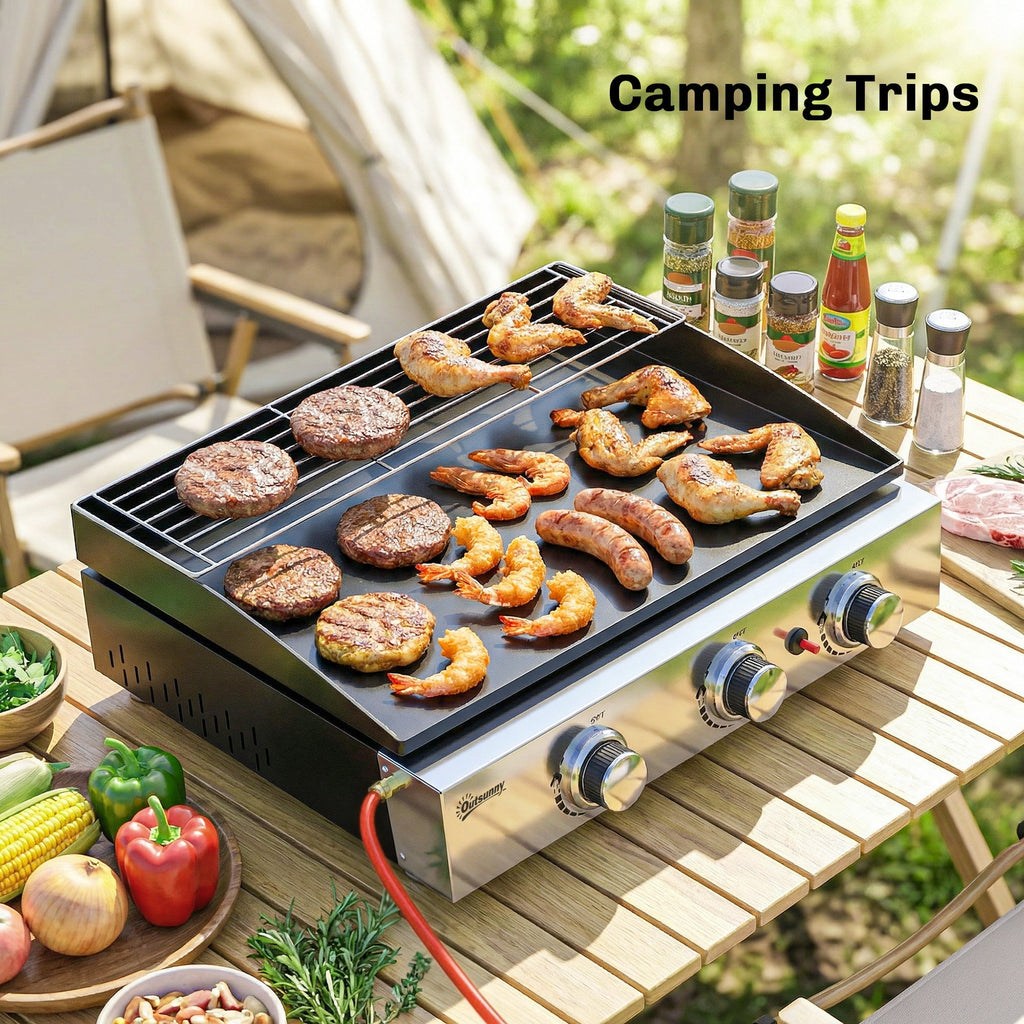 Outsunny 3 Burner Grill Griddle, Portable Gas Plancha with Warming Rack, 7.5 kW, Tabletop Gas BBQ with Grease Cup, Black - SGP Garden Ltd