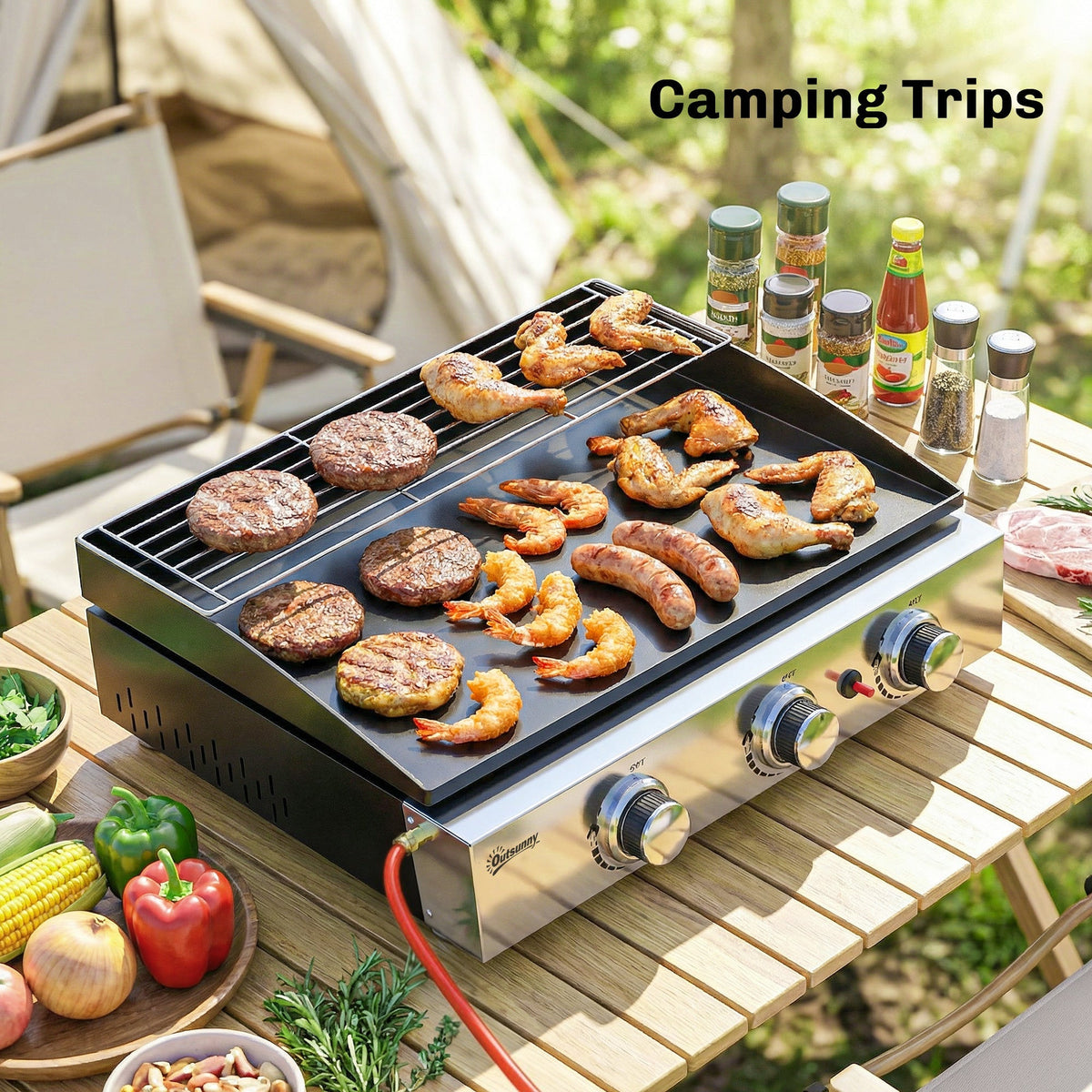 Outsunny 3 Burner Grill Griddle, Portable Gas Plancha with Warming Rack, 7.5 kW, Tabletop Gas BBQ with Grease Cup, Black - SGP Garden Ltd