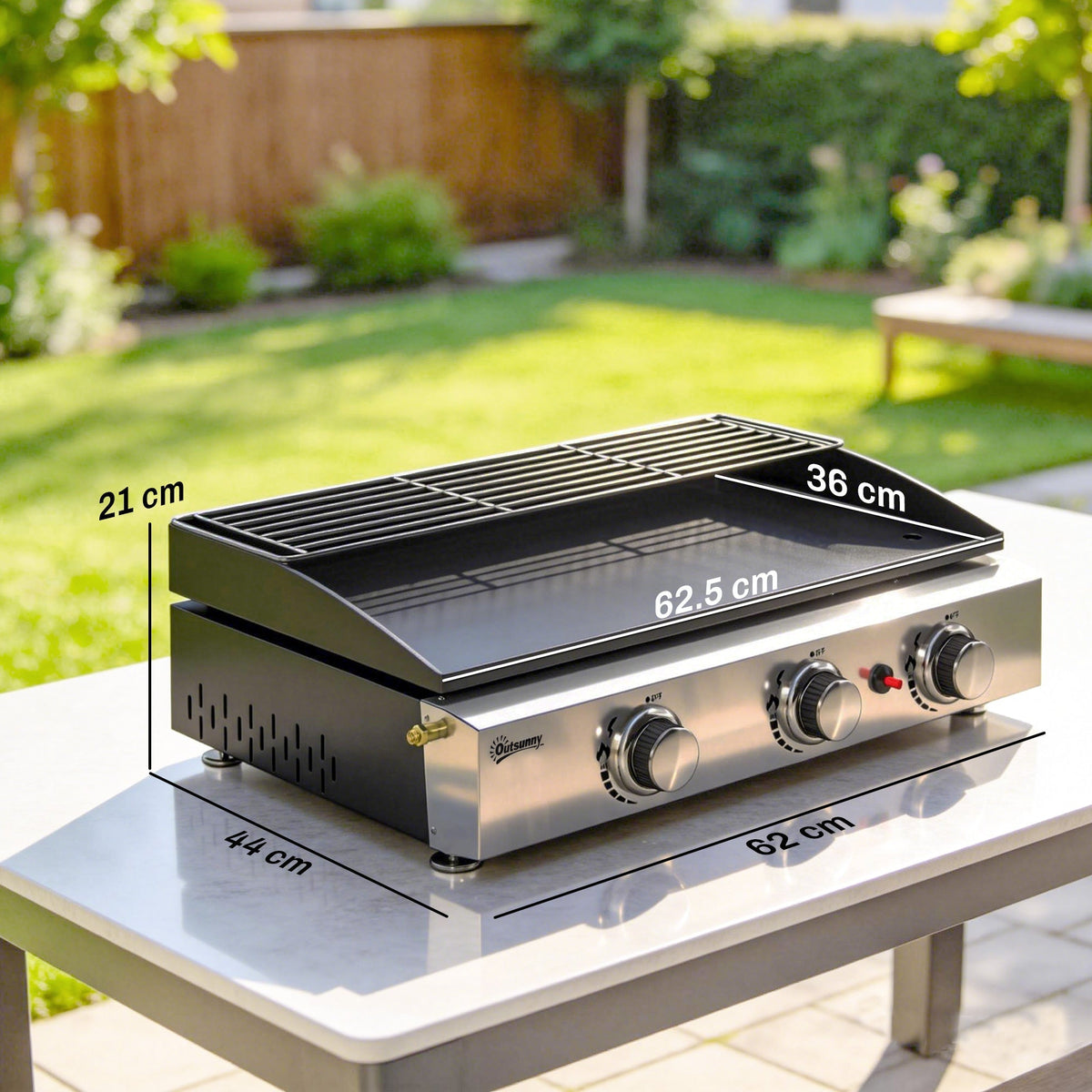 Outsunny 3 Burner Grill Griddle, Portable Gas Plancha with Warming Rack, 7.5 kW, Tabletop Gas BBQ with Grease Cup, Black - SGP Garden Ltd