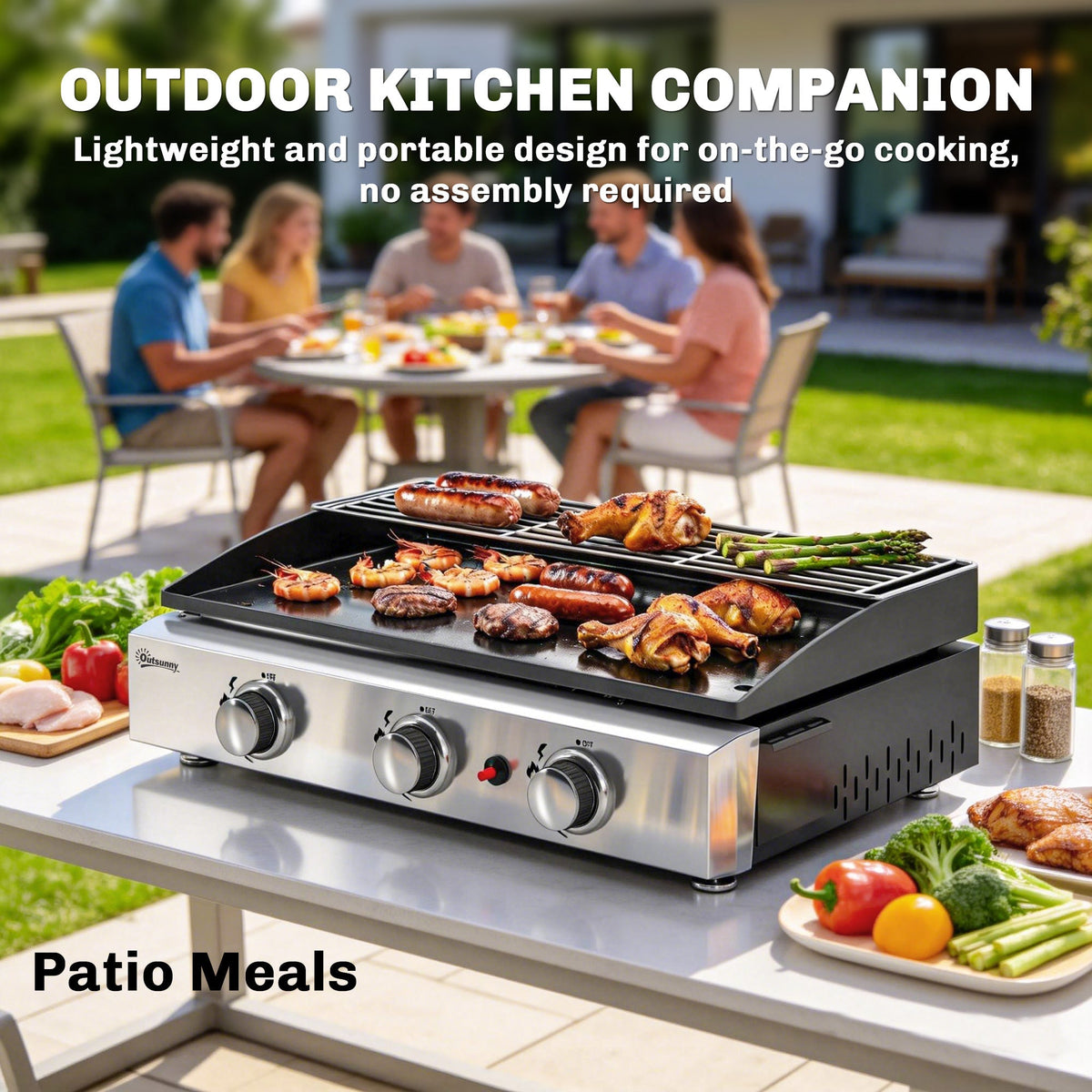 Outsunny 3 Burner Grill Griddle, Portable Gas Plancha with Warming Rack, 7.5 kW, Tabletop Gas BBQ with Grease Cup, Black - SGP Garden Ltd