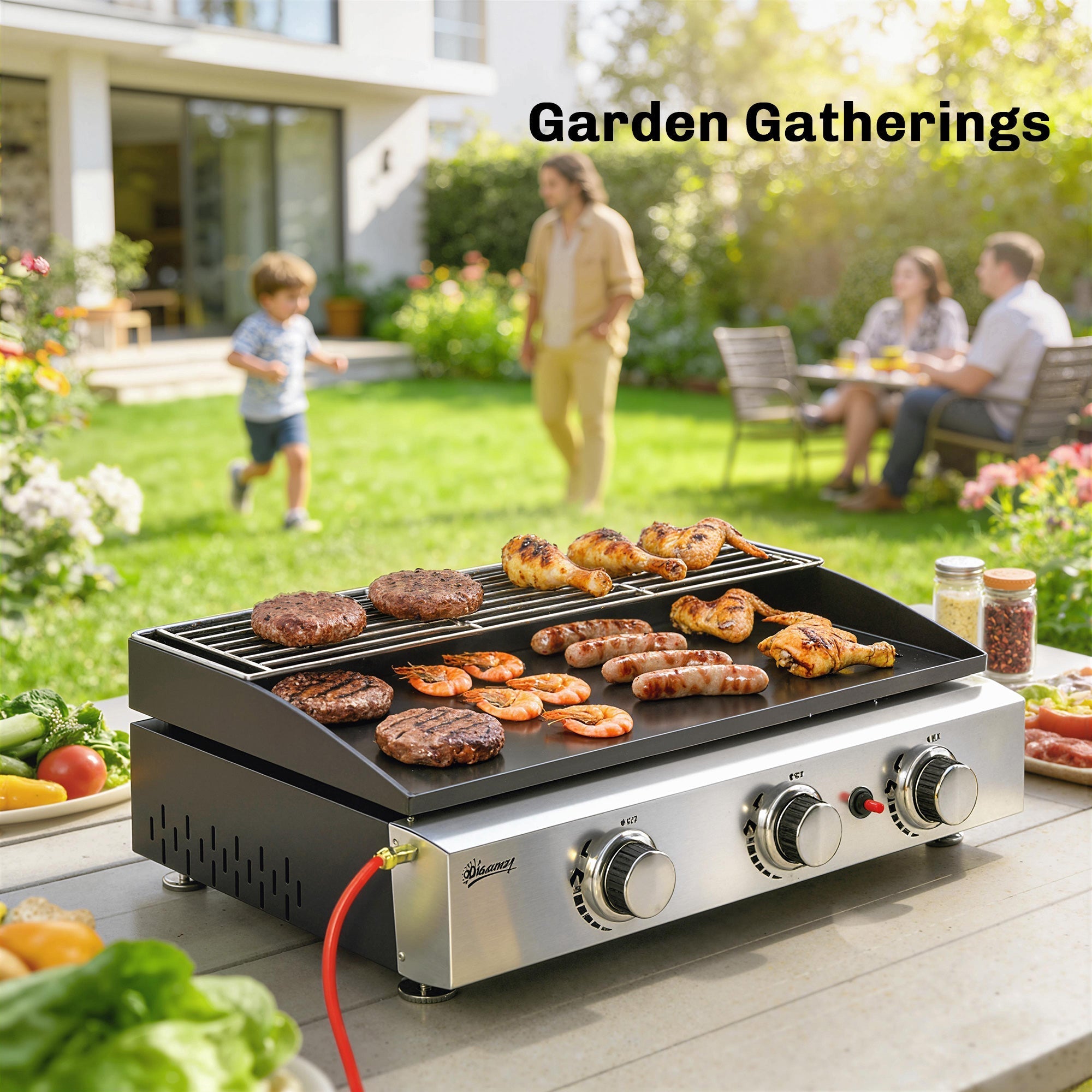 Outsunny 3 Burner Grill Griddle, Portable Gas Plancha with Warming Rack, 7.5 kW, Tabletop Gas BBQ with Grease Cup, Black - SGP Garden Ltd