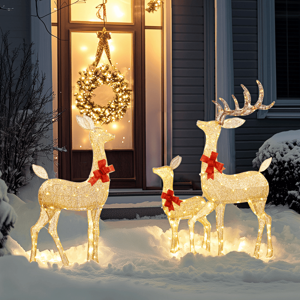 Outsunny 3-Piece Light Up Christmas Deer Family Set of 3 for Lawn Gold Tone - SGP Garden Ltd