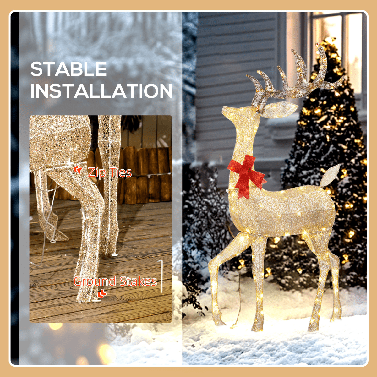 Outsunny 3-Piece Light Up Christmas Deer Family Set of 3 for Lawn Gold Tone - SGP Garden Ltd