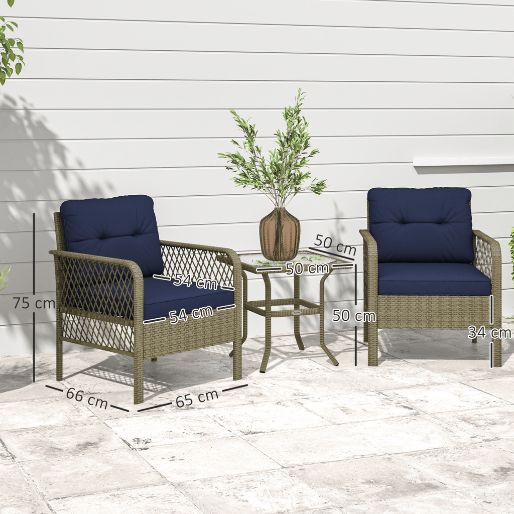 Outsunny 3 Pieces Rattan Bistro Set with Tempered Glass Table - SGP Garden Ltd