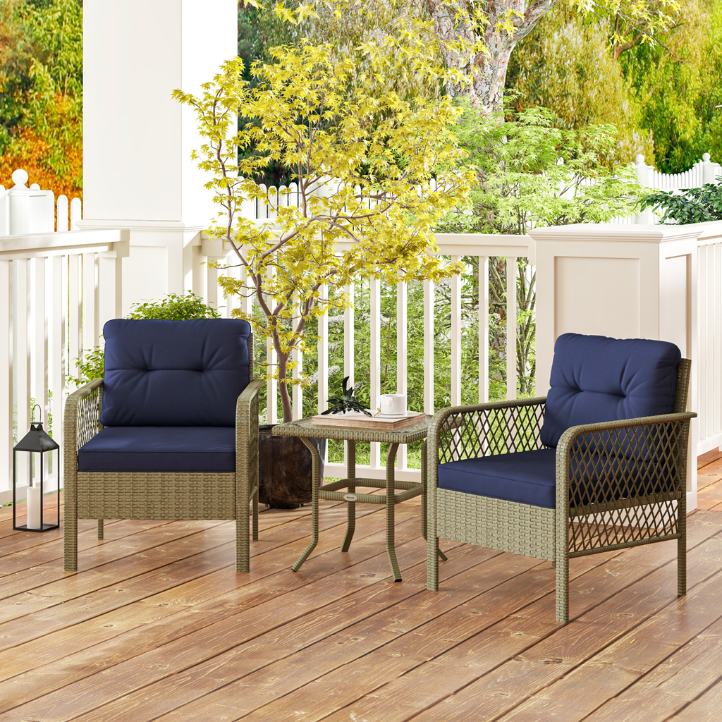 Outsunny 3 Pieces Rattan Bistro Set with Tempered Glass Table - SGP Garden Ltd